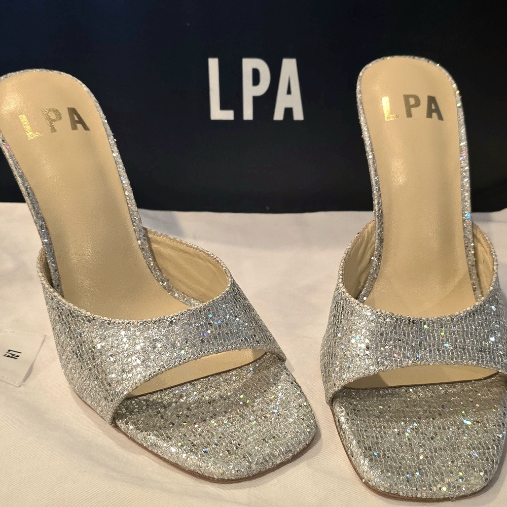 LPA Silver Glitter Blade Mule Sandal Clear Lucite Heel Size 6.5 [Box Included]